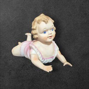 Bisque Porcelain Piano Baby Figurine Crawling Girl in  Pink Dress  Vintage 9"